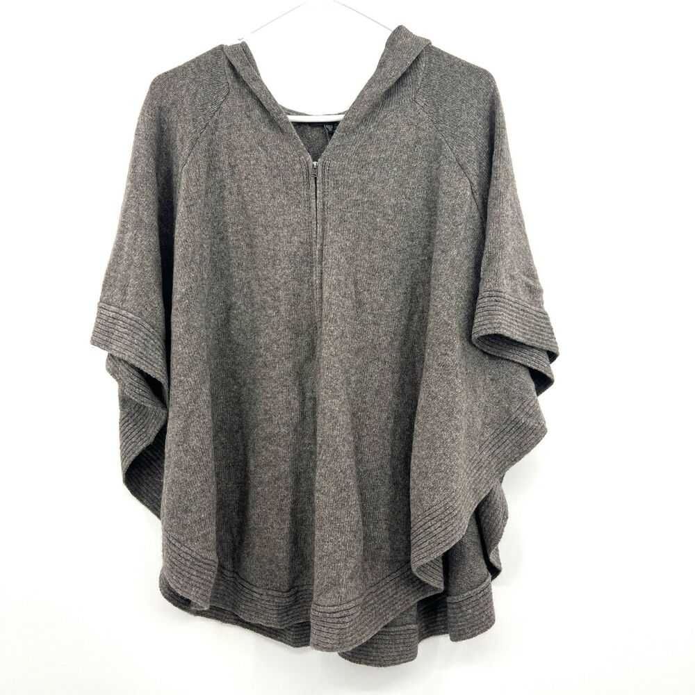 Eileen Fisher Petite Yak Wool Hooded Zip Poncho Cape Brown Gray PL Petite Large